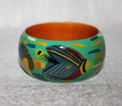 Hermoso Brazalete Brazalete de Madera Pintado a Mano Tropical Paisaje Subacuático Peces Foto 1 de 4