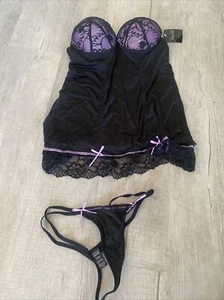Neu Rene Rofe 2 Stück schwarz & lila Camisole Dessous Set Spitze Schleifen Medium Neu mit Etikett - Bild 1 von 13