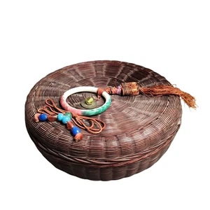 Cesta de Costura Victoriana De Colección Diseño Asiático con Anillo Moneda Cuentas Borla 10" Diámetro - Imagen 1 de 4