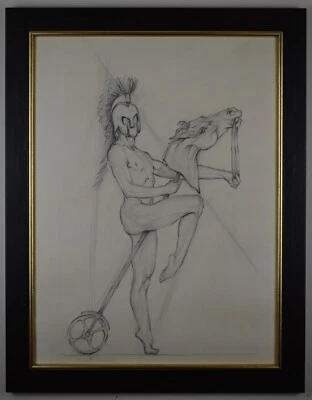 Hombre desnudo en un caballo de gallo.  Dibujo del escultor Byron Howard, c 1992 Foto 1 de 4