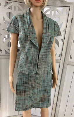 Conjunto de traje chaqueta falda tweed turquesa The Limited talla grande Foto 1 de 4