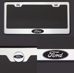 T304 Chrome Polished Ford Logo Black Laser Etched Engraved License Plate Frame - Picture 1 of 6