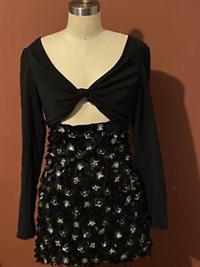 Des Phemmes V-Neck Mini Dress Size 42 Woman A Line Black Sequin Crystals Zip - Picture 1 of 16