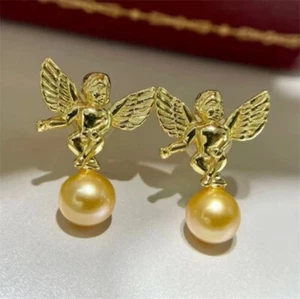 elegant pair of  9-10mm south sea round  gold pearl dangle earring 925s(t) - Picture 1 of 3