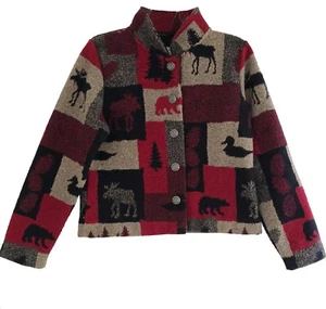Vintage County Clothing Co SZ S Red Pewter Beige Sherpa Bears Moose Cozy Jacket - Picture 1 of 7