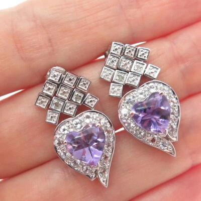 925 Sterling Silver Real Diamond Accent Amethyst & White Topaz Heart Earrings - Image 1 of 4