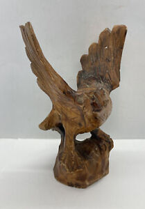 8” Wooden Eagle Bird Hawk Statue Hand Carved Sculpture Art Cracked As Is