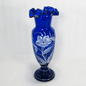 Jarrón de vidrio azul cobalto bohemio francés pintado a mano borde floral con volantes 14 pulgadas - Imagen 1 de 8