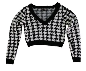 Trendy Threads Damen S Hahnentritt Crop Pullover V-Ausschnitt schwarz weiß Strick Top - Bild 1 von 5
