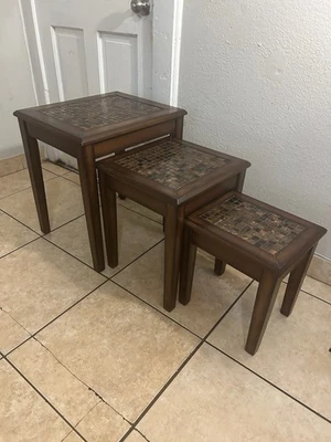 Wood Nesting Tables with Glass Mosaic Style ￼Tile Inlay (Set of 3) - Image 1 of 4