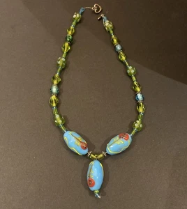Beaded Necklace Turquoise,Green Blue Beads Red Flowers Silver Heart Closure - Picture 1 of 10