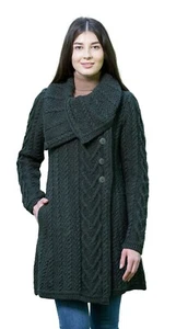SAOL Aran Coatigan Women's Irish Cable Knit Cardigan Coat 100% Merino Wool - Picture 1 of 21