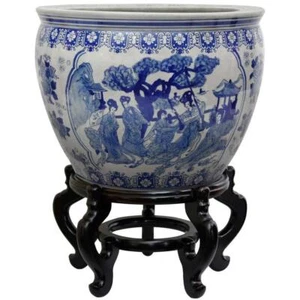 Orientalische Möbel Fischschale Vase 14" Böhmische Küste Porzellan Damen blau weiß - Bild 1 von 2