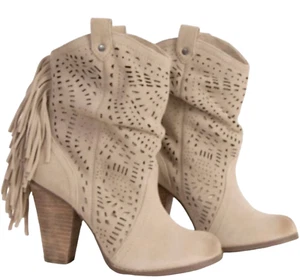 NEW NAUGHTY MONKEY CAMEL LEATHER LOVE LACE FRINGE ANKLE BOOTS BOOTIES 10 WESTERN - Picture 1 of 4