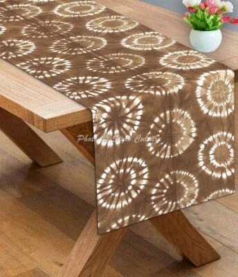 Ethnic Cotton Canvas Table Runner Shibori Brown Long Circles Tie Dye Tablecloth - Image 1 of 4