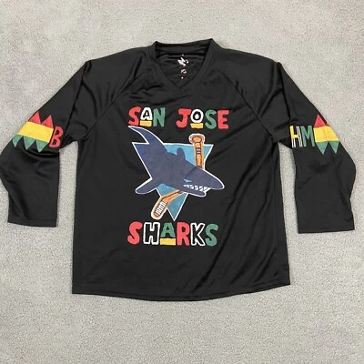 圣何塞鲨鱼衬衫成人中号黑色历史月NHL曲棍球球衣衬衫 — 第 1/4 张图片