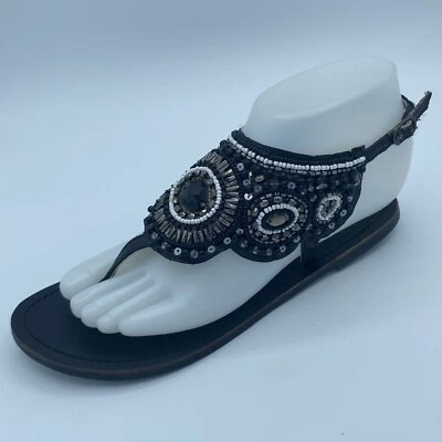 Charlotte Russe Sling Back Sandals Sz 7 Womens Thong  Shoes Black Beaded Flats - Image 1 of 4