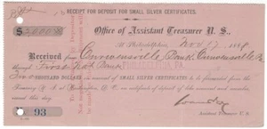 1888 Silver Certificate Deposit Receipt, US Treasury, Philadelphia PA Nice! - Picture 1 of 1