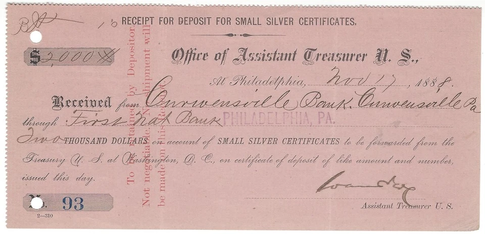 1888 Silver Certificate Deposit Receipt, US Treasury, Philadelphia PA Nice! - Image 1 of 1