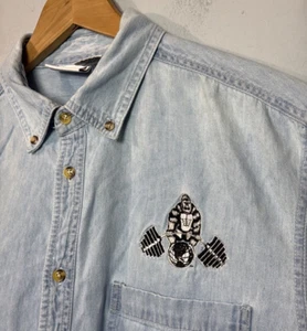 Vintage World Gym Logo Embroidered Light Blue Denim Shirt Large Button Down - Picture 1 of 6