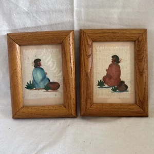 2 Vintage Fabric Painted Wall Art Pictures Native American Indian Woman Mini Set - Picture 1 of 5