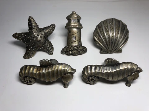 Pewter drawer knobs Srarfish, Lighthouse, Seashell, Seahorses, Ocean Beach Sea Cover