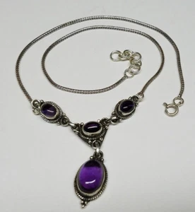 925 STERLING SILVER GENUINE AMETHYST BIG GEMSTONE WOMEN PENDANT NECKLACE 17" NEW - Picture 1 of 7