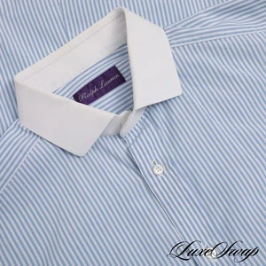 Ralph Lauren Purple Label Made in Italy White Blue Bengal Stripe FC Shirt 15 NR - Picture 1 of 6