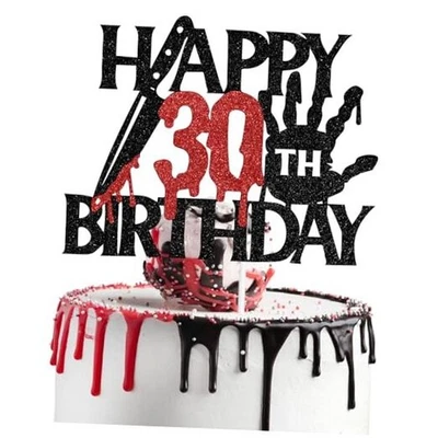 Decoração de bolo Black Glitter Killer feliz aniversário, Halloween zumbi vampiro 30 - Imagem 1 de 4