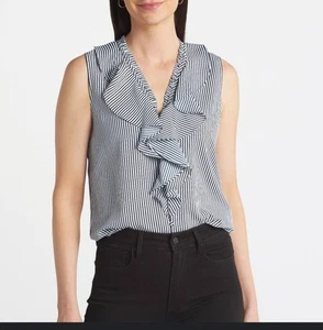 Karl Lagerfeld Damen Bluse Blau Weiß Rüschen Ärmellos Karriere Größe XXL - Bild 1 von 5