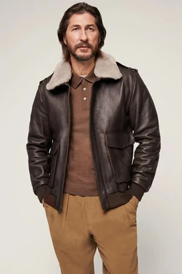 Men's Brown Leather Bomber Jacket Real Cowhide leather with Fur Collar - Image 1 of 2