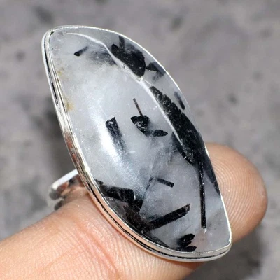 Natural Black Rutile 925 Silver Plated Handmade Ring US 9 Gifts Jewelry GW - Image 1 of 3