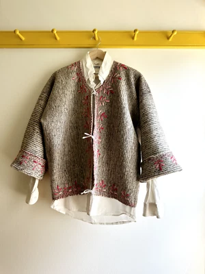 Винтажный 80-х шерсти квадратный укороченный одеяло куртка пальто галстук ручной работы вышитый OS - Изображение 1 из 4