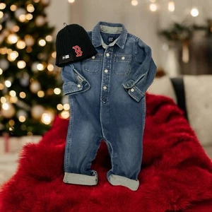 DENIM ONE PIECE (18 Months) & BABY’S BOSTON RED SOX BEANIE HAT. SOLD TOGETHER - Picture 1 of 8