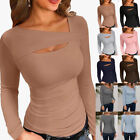Women's Long Sleeve Slim Stretch T-Shirts Ladies Sexy V-Neck Hollow Tops Blouse
