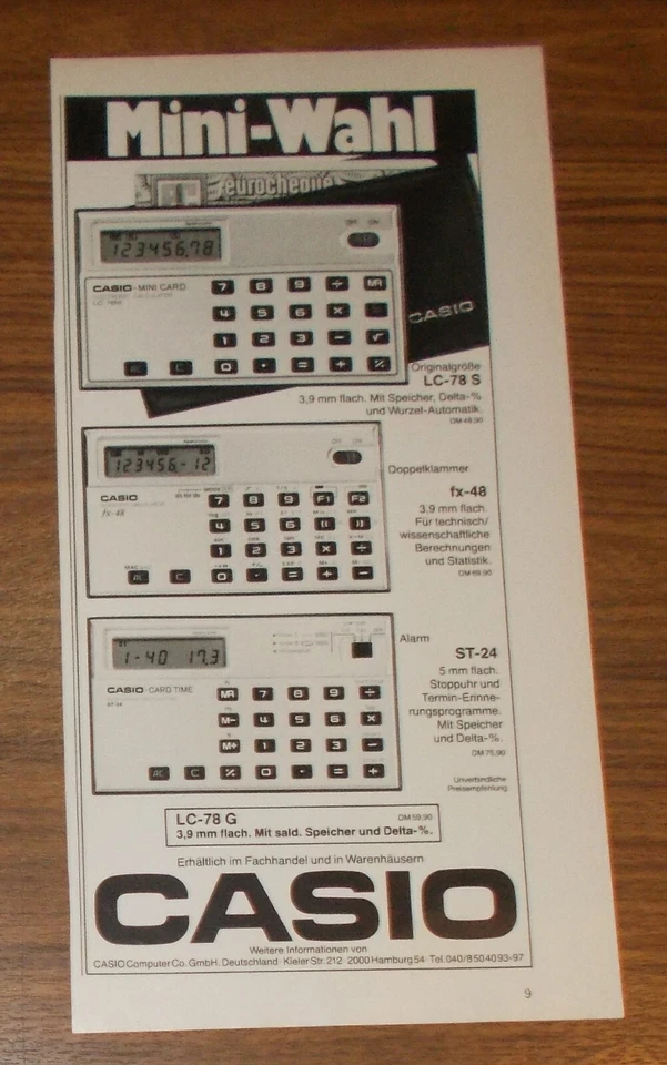 Seltene Werbung vintage CASIO LC-78 S FX-48 ST-24 Taschenrechner Mini-Wahl 1979 - Image 1 of 1