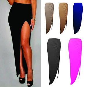 RUCHED THIGH SIDE SPLIT  MAXI SKIRT 8-14 - Picture 1 of 12