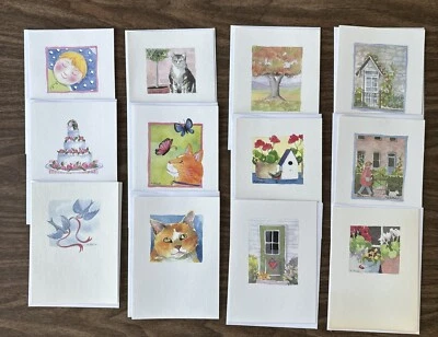 12 Watercolor Blank 5x7 Cards by Melissa Babcock Saylor Cats Birds - Image 1 of 4