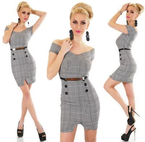 ITALY Damen Mini Kleid Schulterfrei Business Karo Look Schlitz Gürtel 34 36 38 - Bild 1 von 8