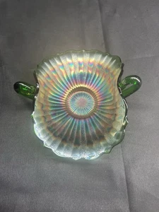 Antique Fenton Stippled Rays Green Carnival Glass Handled Bon Bon Dish - Picture 1 of 10