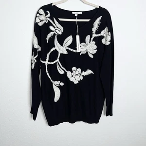 Chico's Sweater Womens XL 16 3 Dolman Sleeve Black White Embroidered Floral BB - Picture 1 of 9