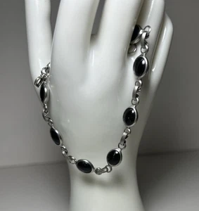 Vintage Scarab Style Bracelet Black Stone. Silver Tone  - Picture 1 of 9