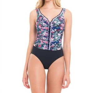 Profile by Gottex Ruched Floral Ruffle Romeo/Juliette One Piece Swimsuit Size 12 - Picture 1 of 10