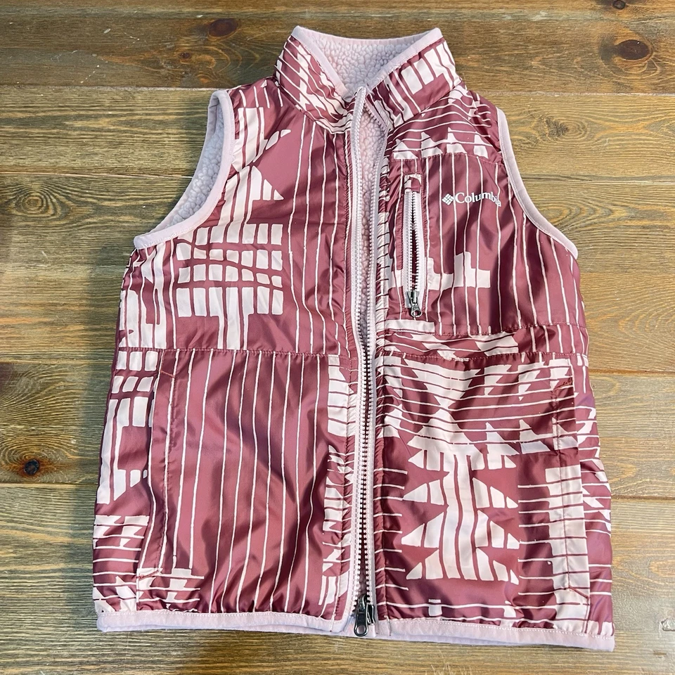 Chaleco acolchado reversible Columbia Girls talla 8 capa polar rosa Foto 1 de 4