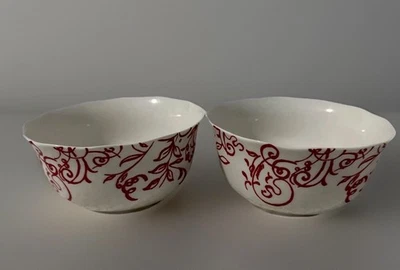 Cynthia Rowley Set Of Two White With Red Accents Bowls Made in Indonesia  - Image 1 of 4