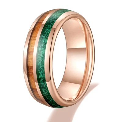 Alianza de boda para hombre de 8 mm con incrustaciones de madera de malaquita de carburo de tungsteno biselada de oro rosa... Foto 1 de 4