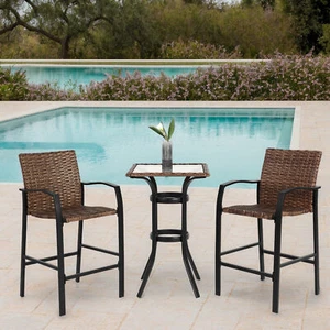 3 Pieces Outdoor Bar Set Wicker High Stool Bistro Set 2 Bar Chairs Glass Table - Bild 1 von 8