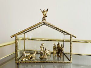 Vintage Solid Brass Nativity Set WITH Glass and Metal Barn HTF