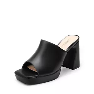 Women High Chunky Heel Sandals Square Open Toe Slip On Platform Sandals - Picture 1 of 9