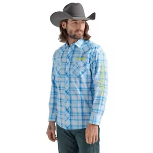 Wrangler Logo Men's Sea Blue Plaid Long Sleeve Western Snap Shirt 112324644 - Picture 1 of 5
